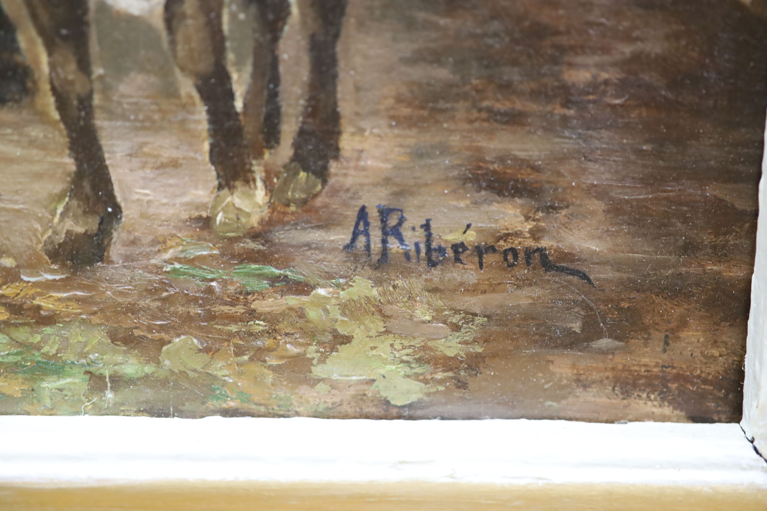 A. Riberon, oil on board, Cattle leaving a barn, signed, 33 x 49cm and an oil of a woman in a garden, 30 x 38cm